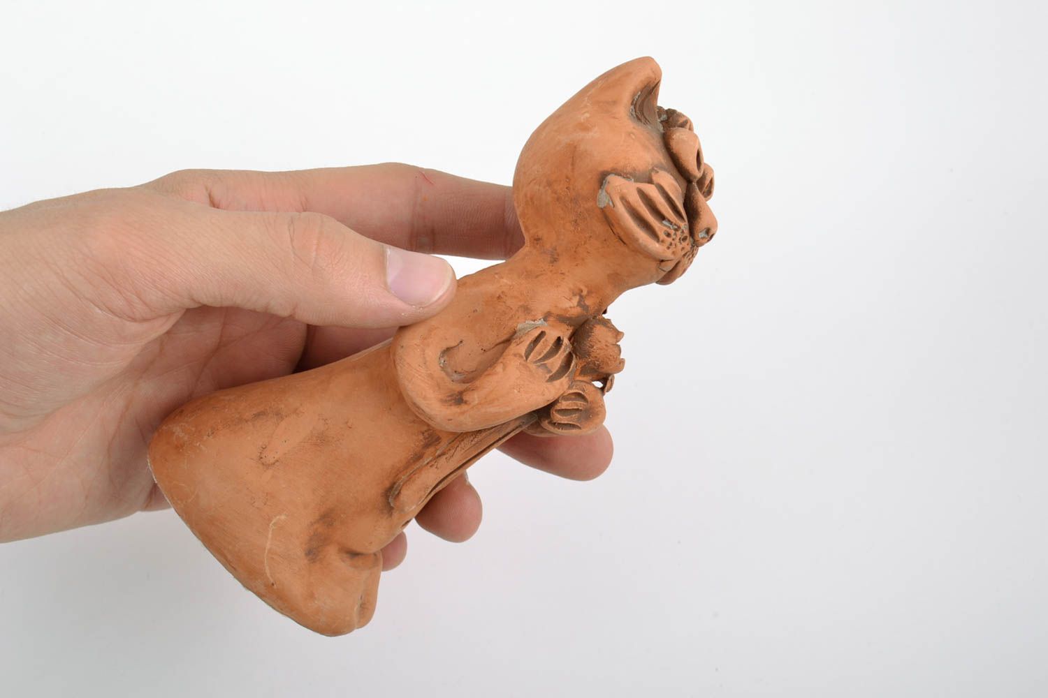 Statuette chat en terre cuite décorative marron faite main amusante petite photo 2