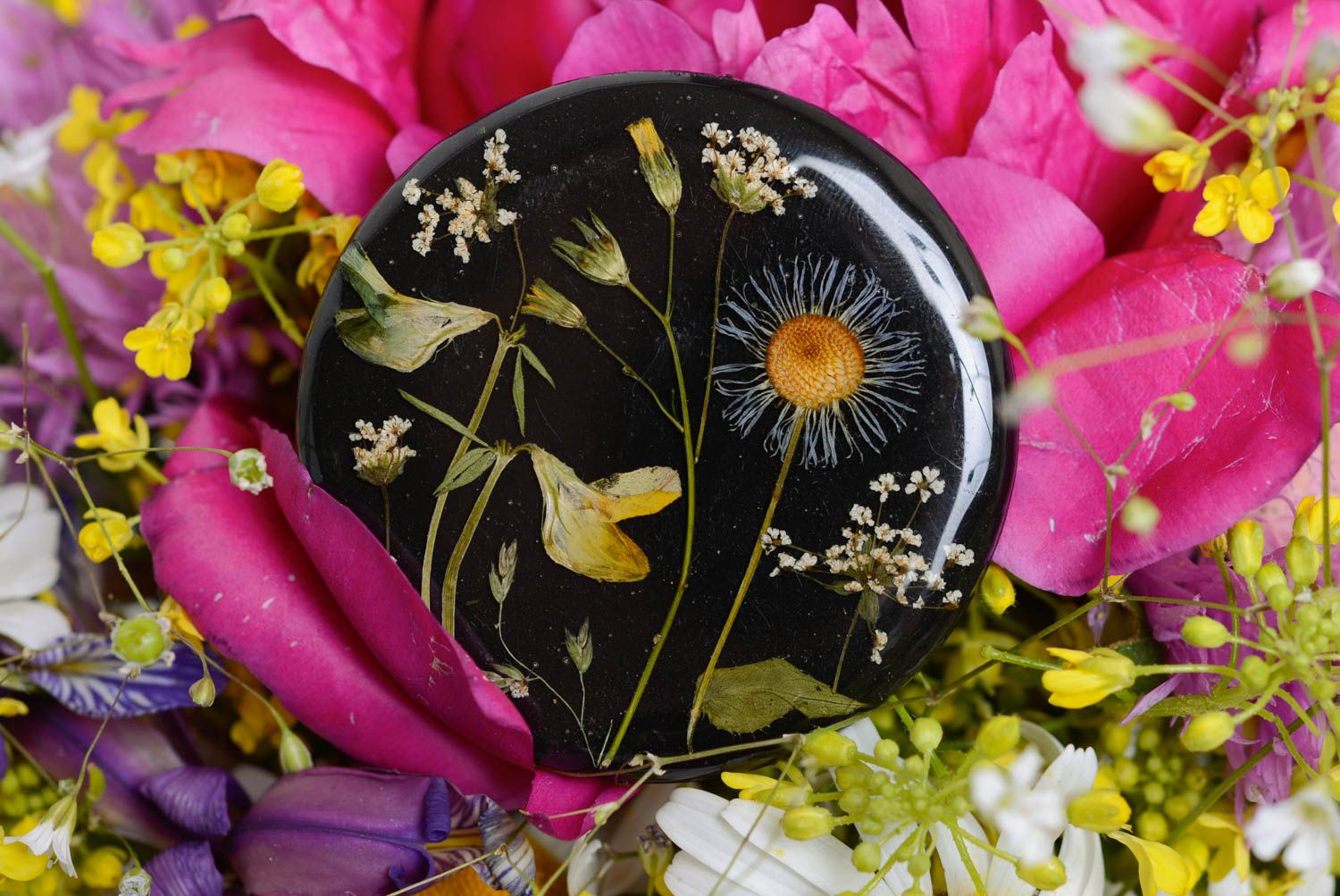 Unusual handmade designer black epoxy brooch with real flowers botanical jewelry photo 1