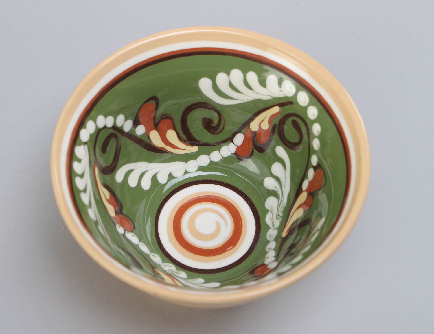 Handmade decorative ceramic bowl painted in green and brown colors 250 ml photo 3