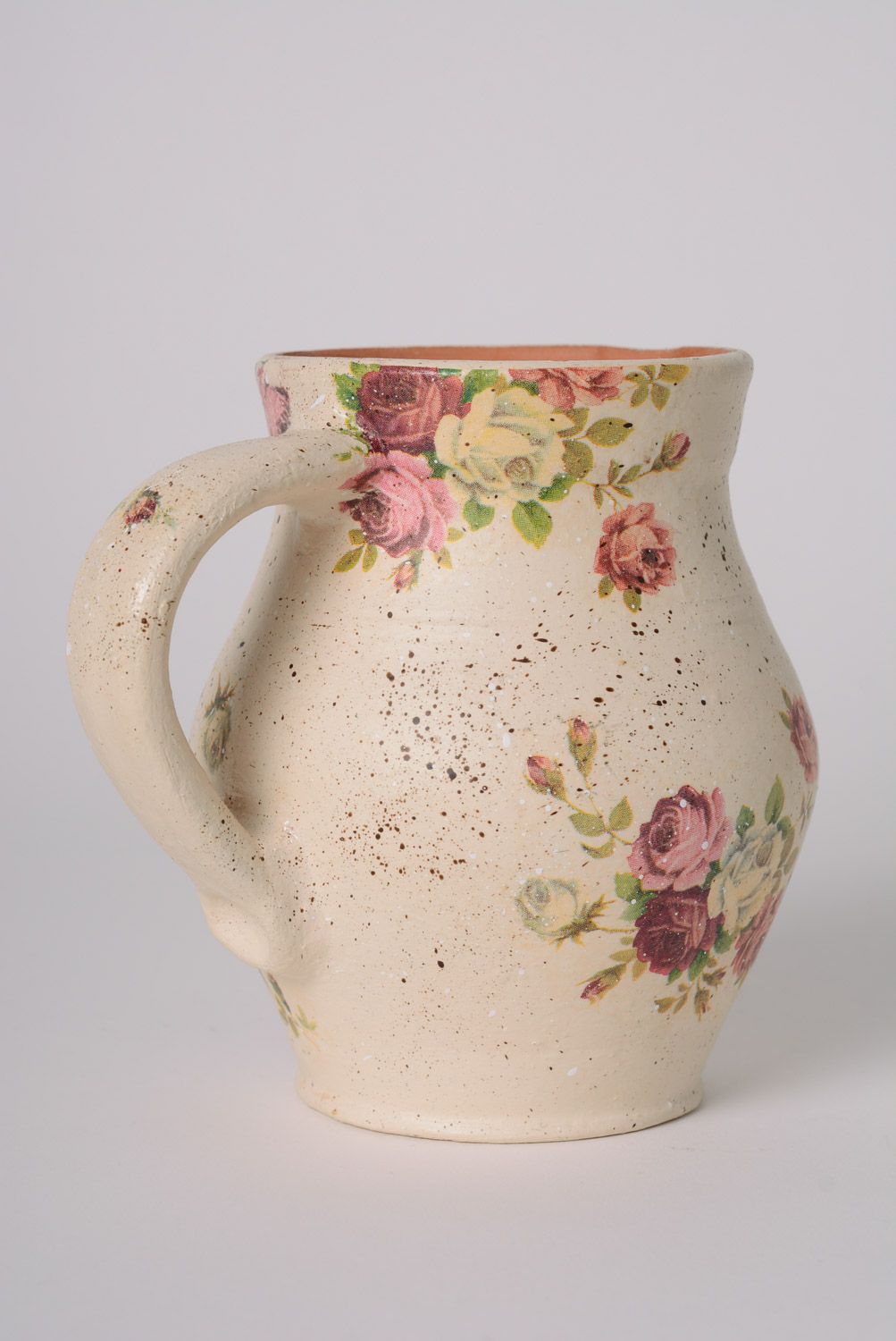 Jarro de cerámica artesanal con decoupage con rosas vintage de arcilla  foto 3