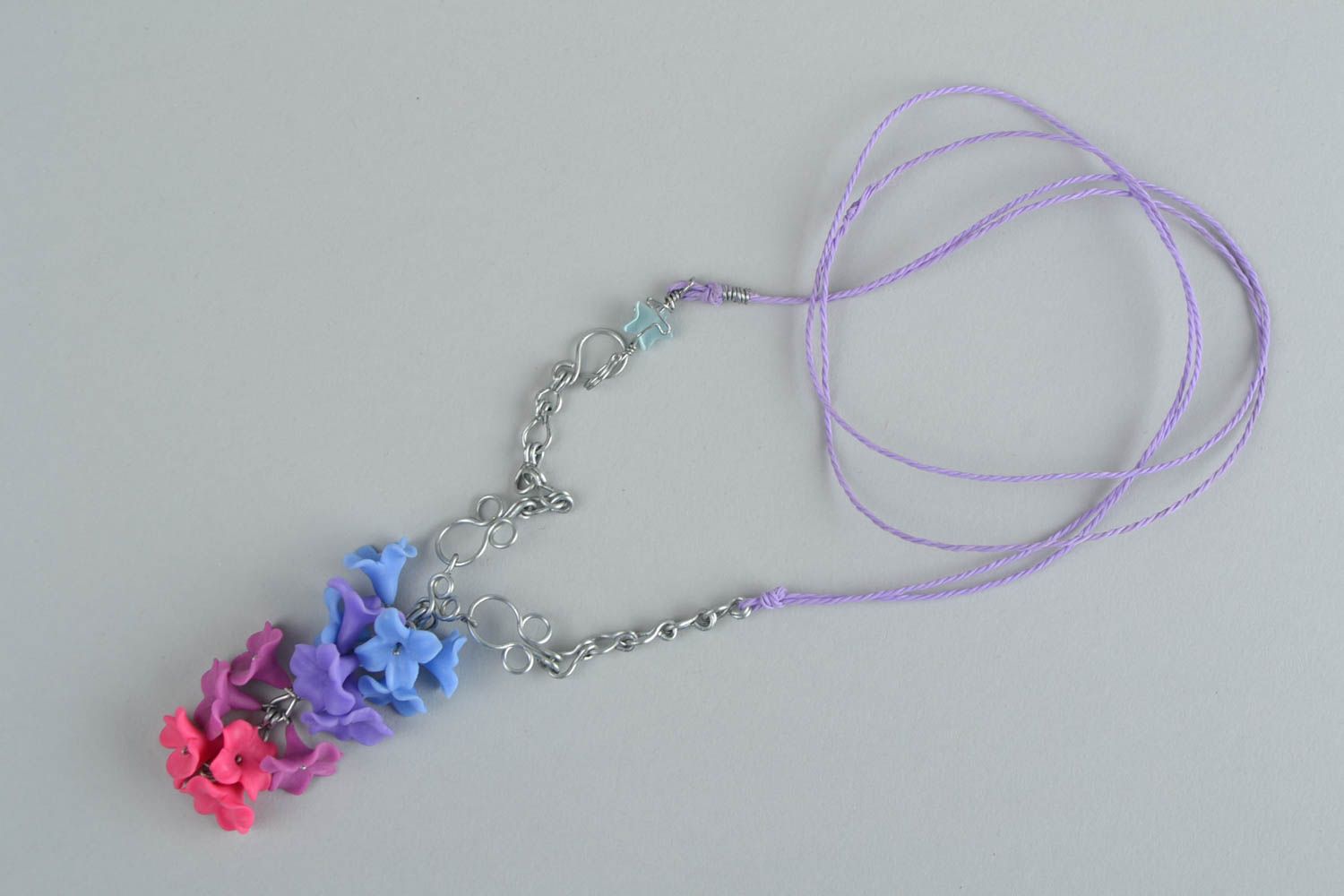 Beautiful bright homemade designer polymer clay flower pendant on cords Lilac photo 3
