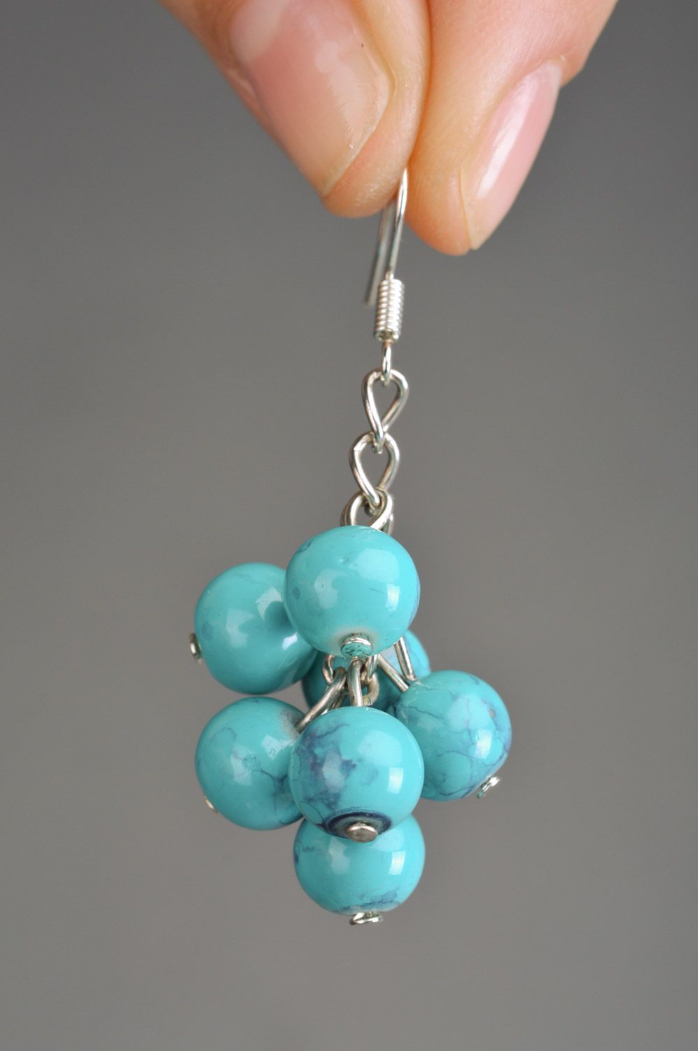 Handmade designer painted ceramic bead earrings in blue color palette photo 3