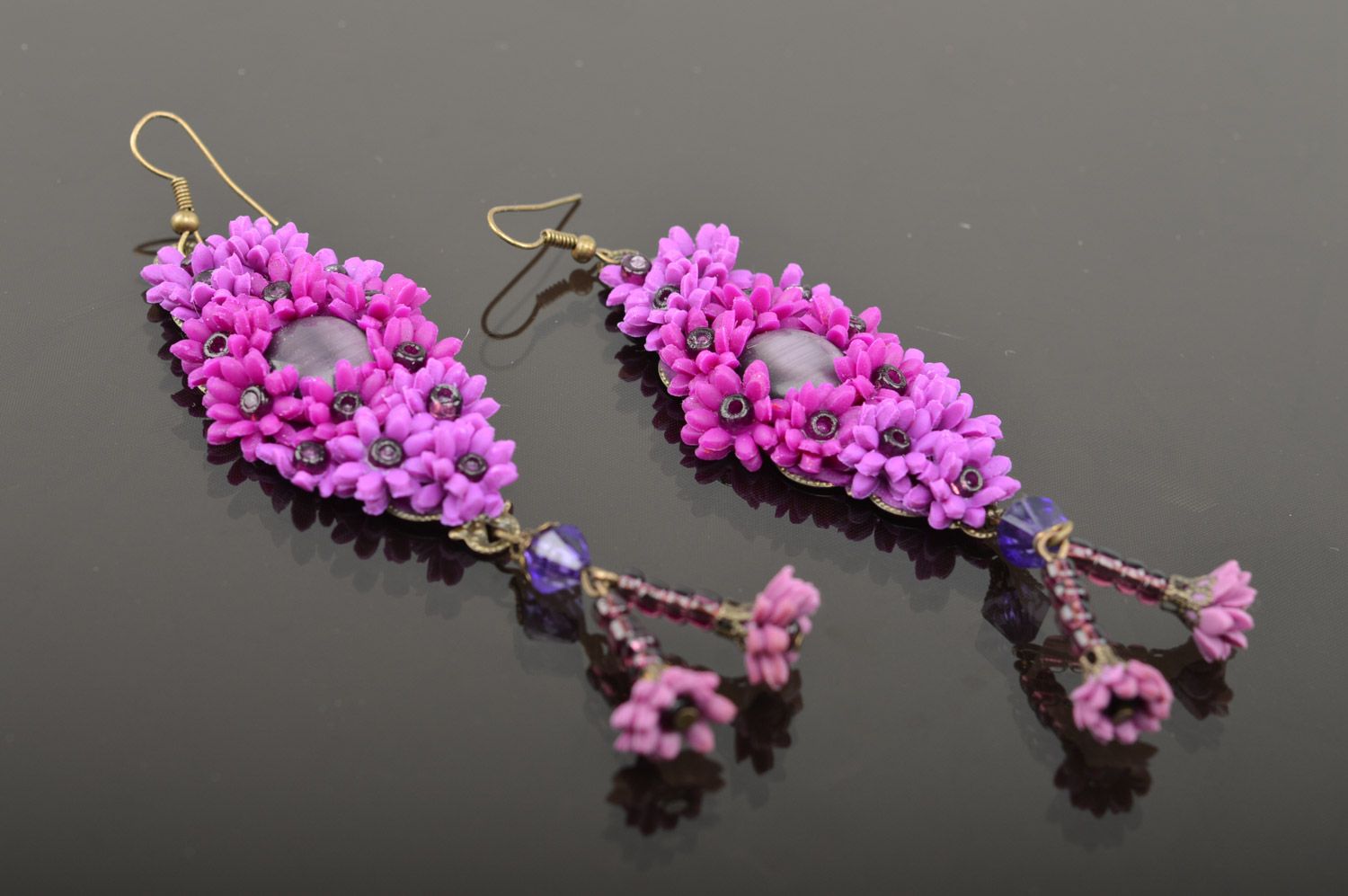 Handmade bright violet polymer clay long dangle earrings with flowers for women photo 3