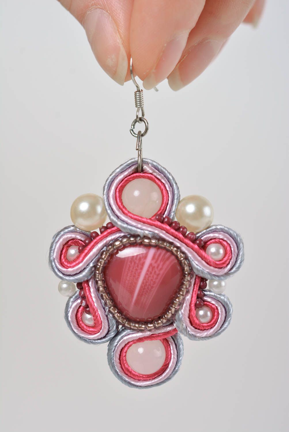 Boucles d'oreilles soutache Bijou fait main Cadeau pour femme avec quartz rose photo 4
