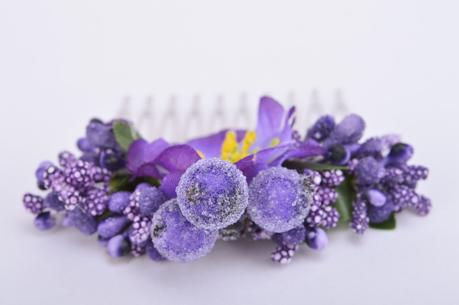 Handmade decorative hair comb with metal basis and violet flowers and berries photo 5