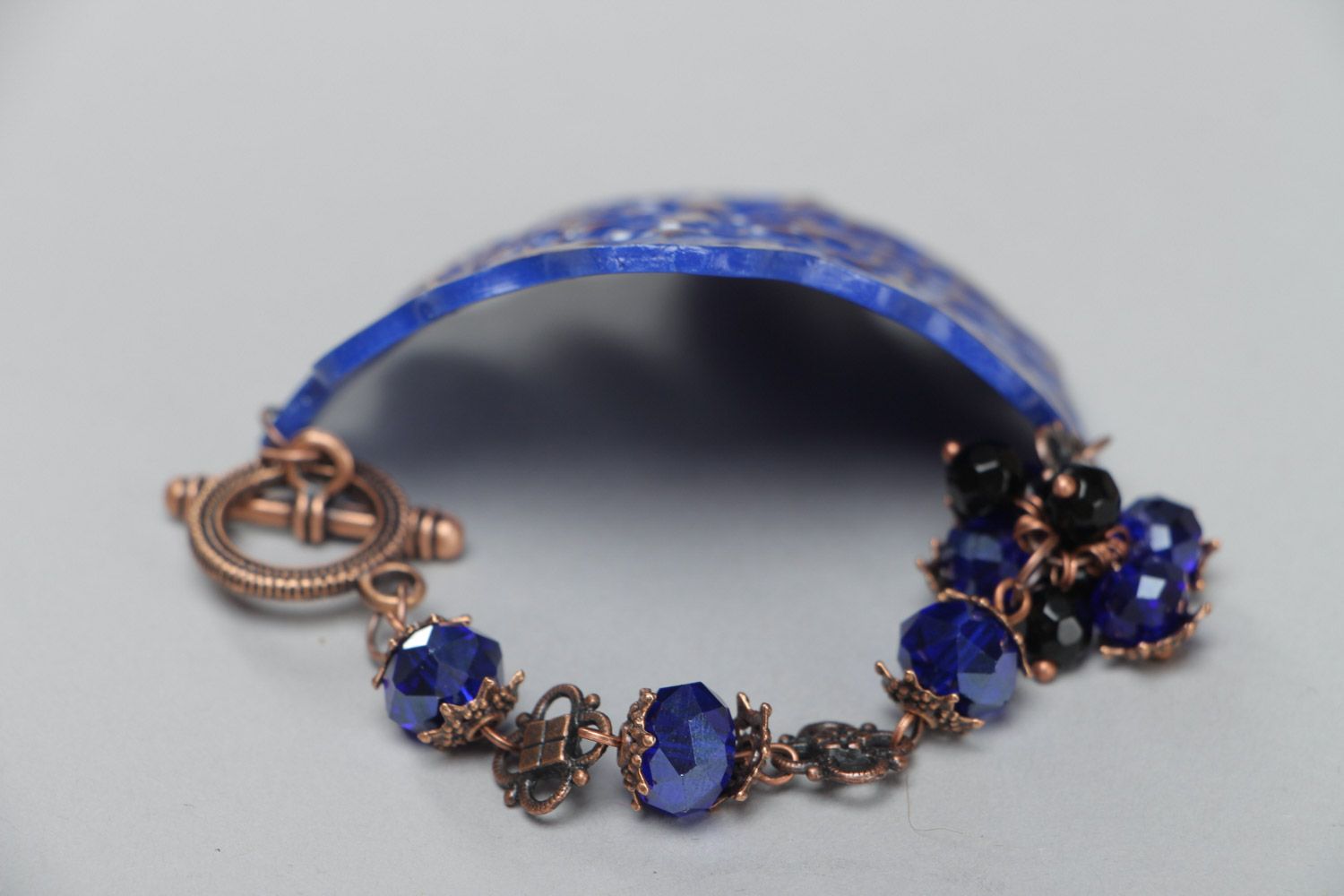 Handmade volume bracelet made of polymer clay in blue color with faceted beads  photo 5