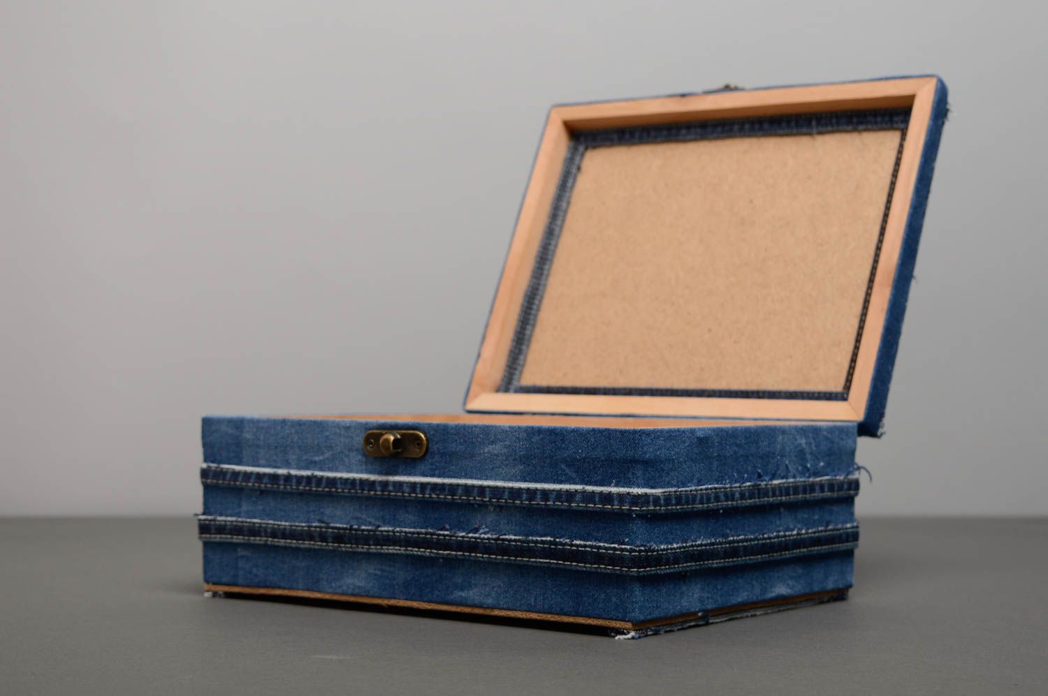 Unusual box for needlework fitted with denim fabric photo 2