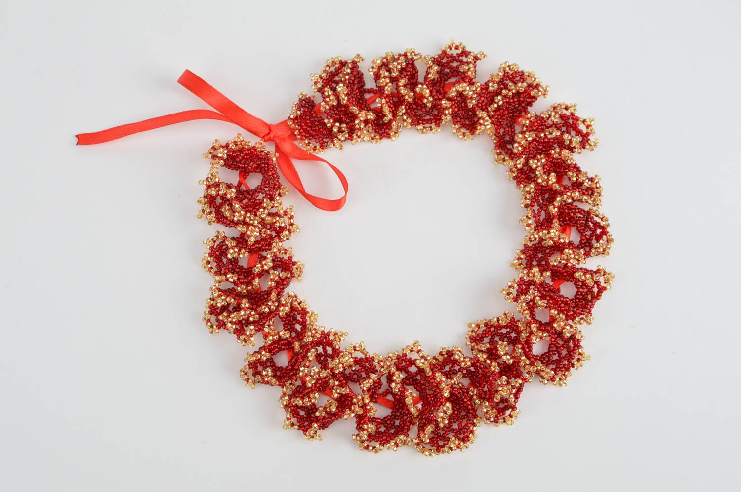 Unusual handmade designer stylish beaded necklace of red and gold colors photo 2