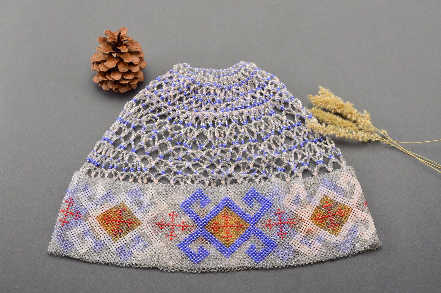 Knitted hat ladies hat openwork cap with beads beautiful hat gift ideas photo 1