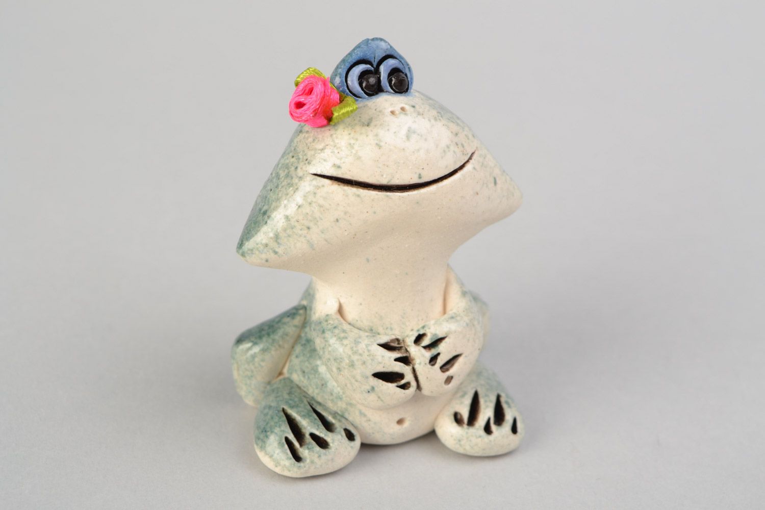 Small beautiful gray handmade porcelain figurine of frog photo 1