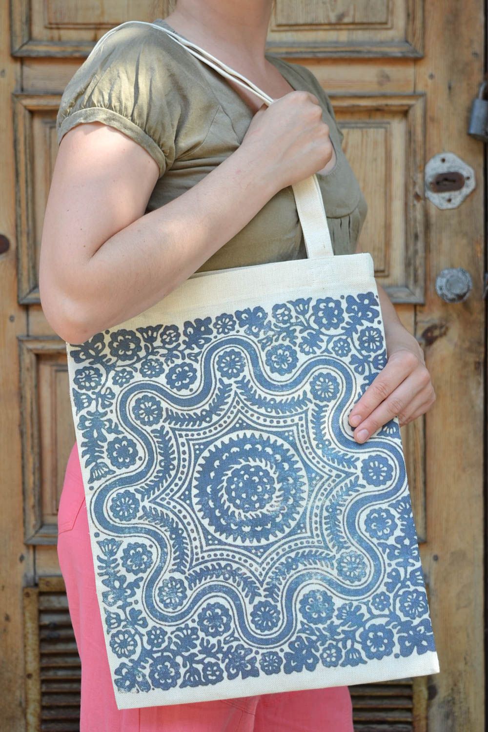 Handmade designer women's two thread fabric bag with blue ornament print photo 1
