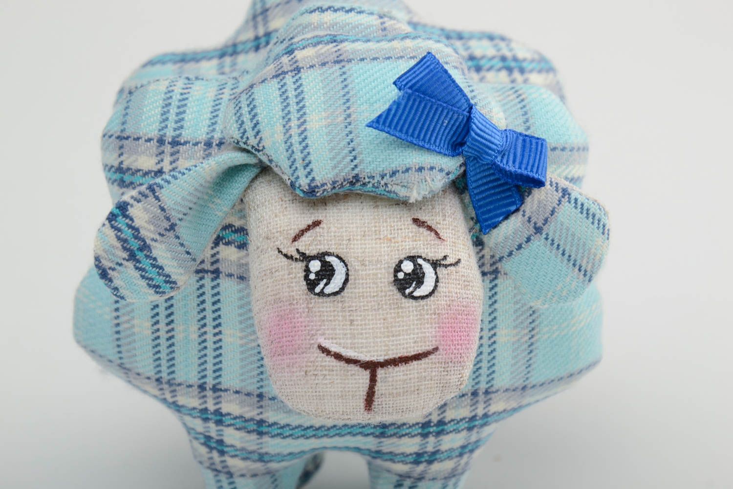 Handmade small blue checkered cotton and linen fabric soft toy lamb with bow photo 3