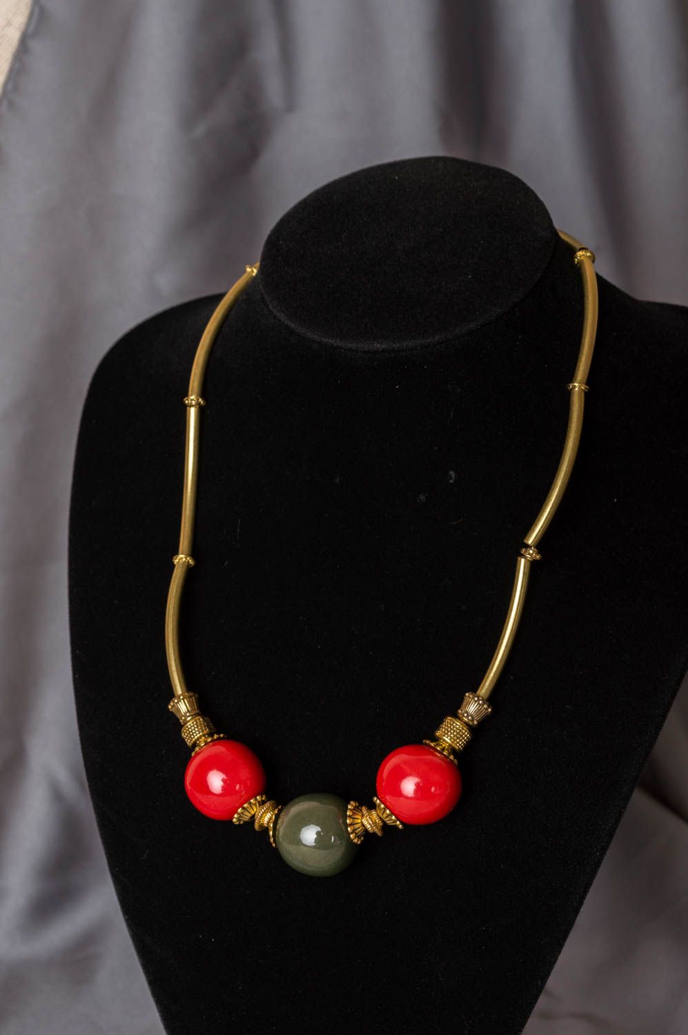 Unusual stylish handmade designer metal necklace with porcelain beads photo 1