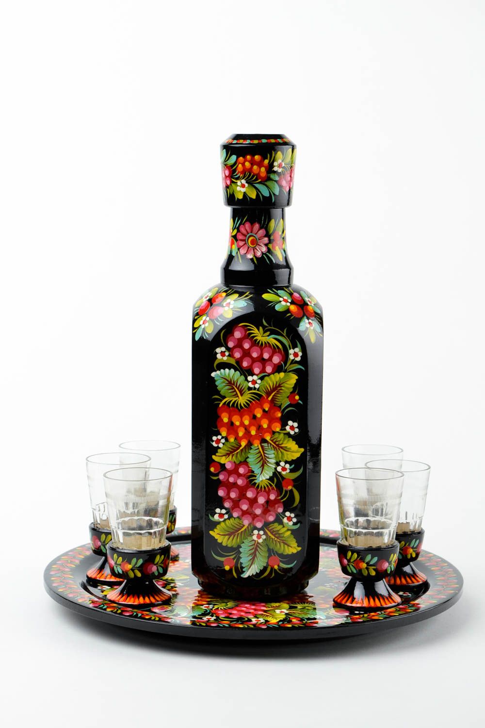 Handmade wooden bottle 6 shot glass wooden tray decorative wine set gift ideas photo 4