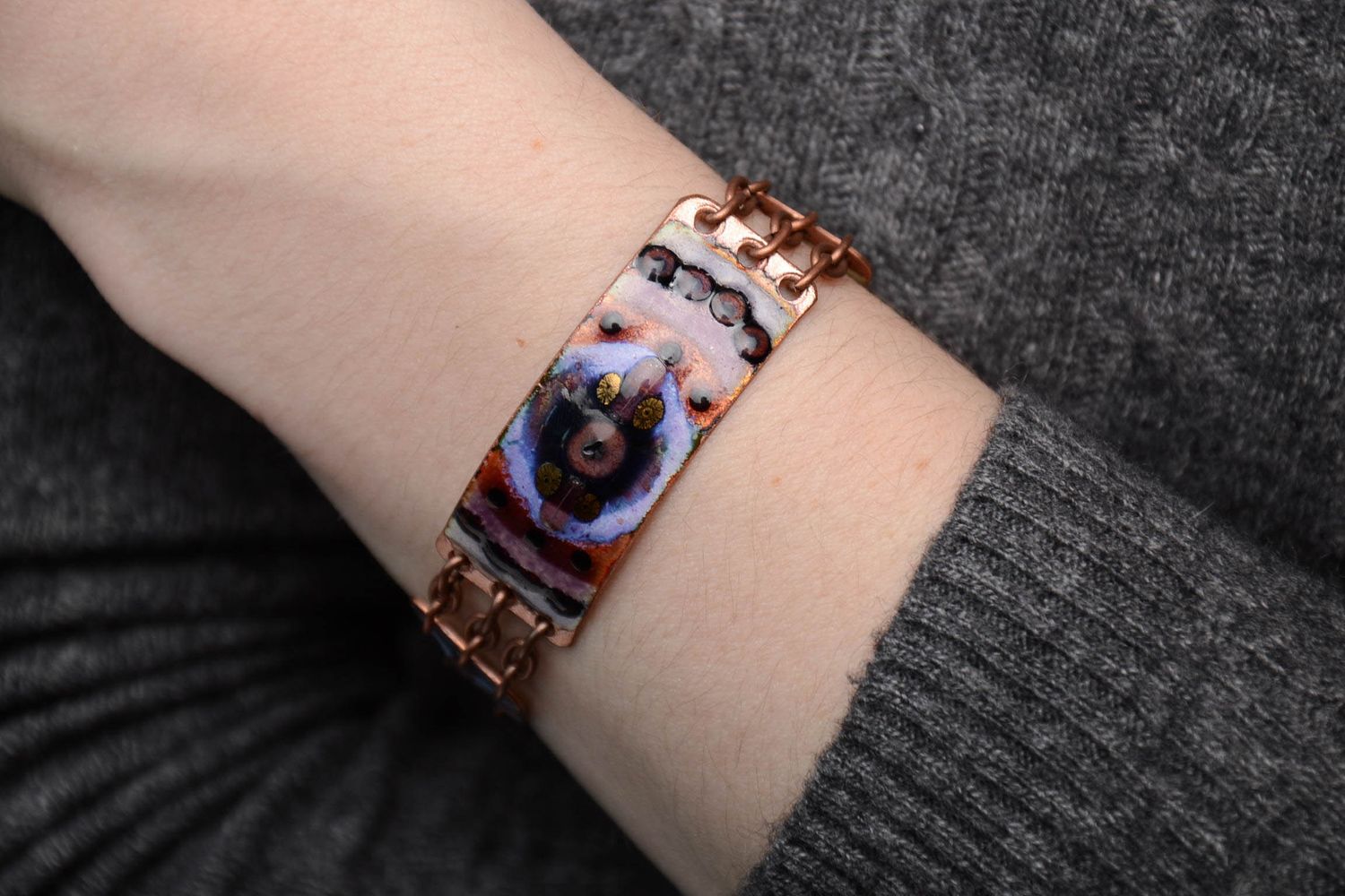 Copper bracelet decorated with enamel painting photo 2