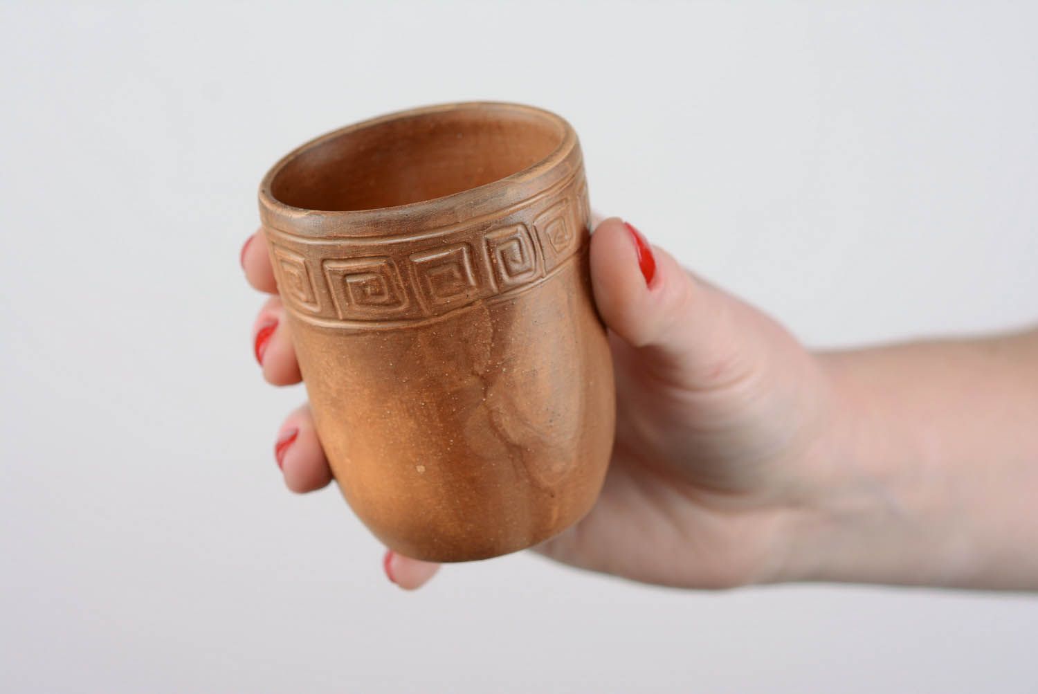 8 oz red clay milk cup without handle with Greek-style pattern photo 2