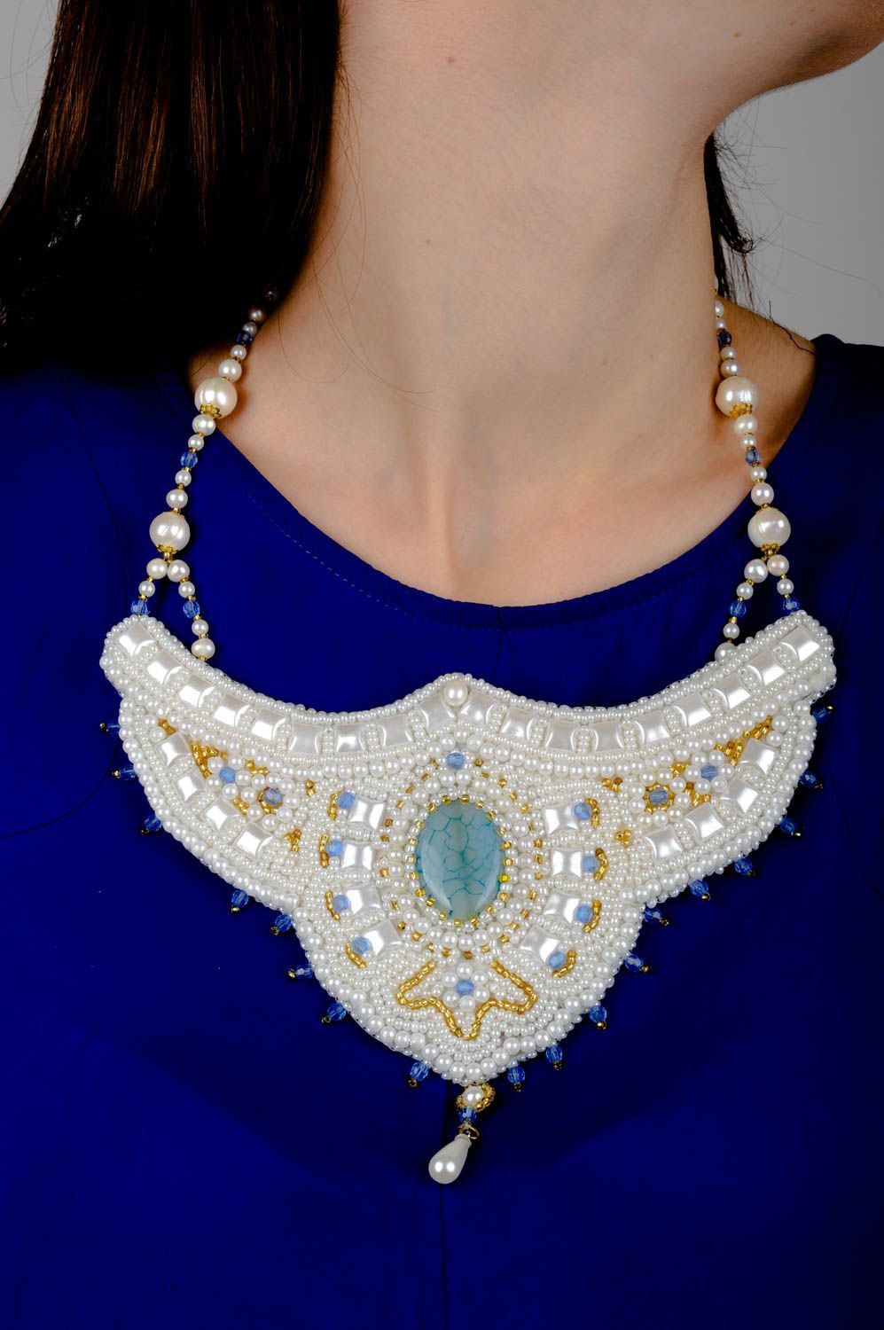 Collier Halskette handmade Glasperlen Schmuck Kette mit Anhänger blau weiß foto 5