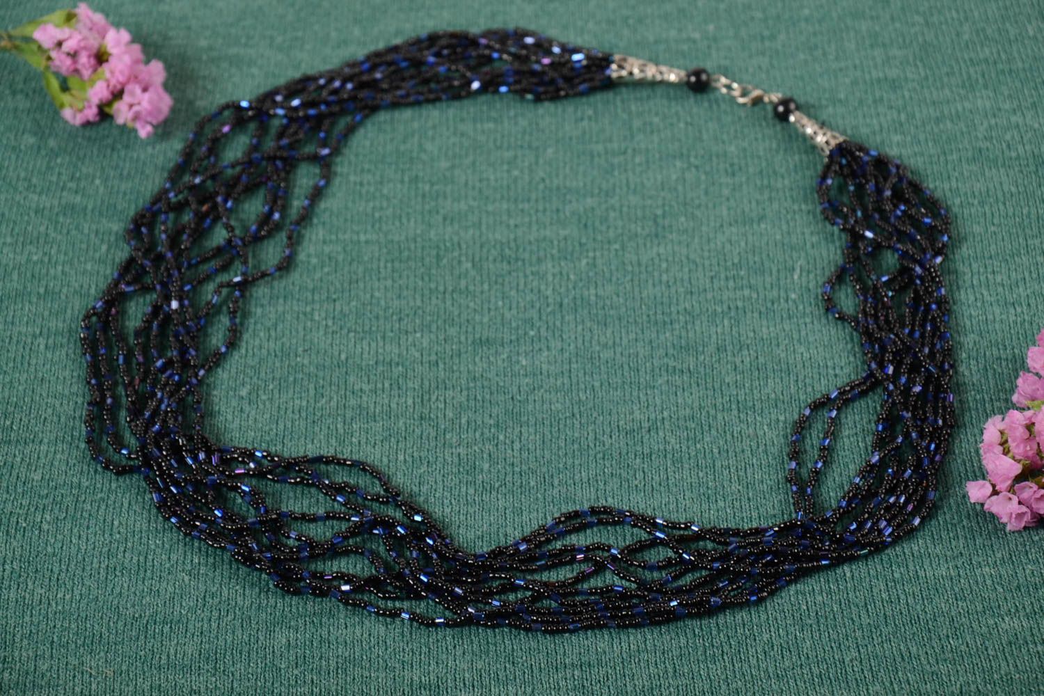 Collier noir multirang Bijou fait main Cadeau femme en perles de rocaille long photo 1