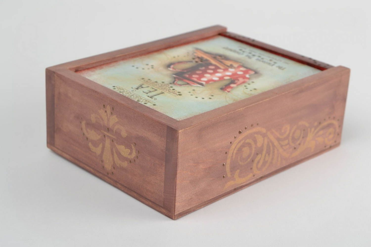 Caja de té decorada según la técnica de decoupage hecha a mano de madera foto 5