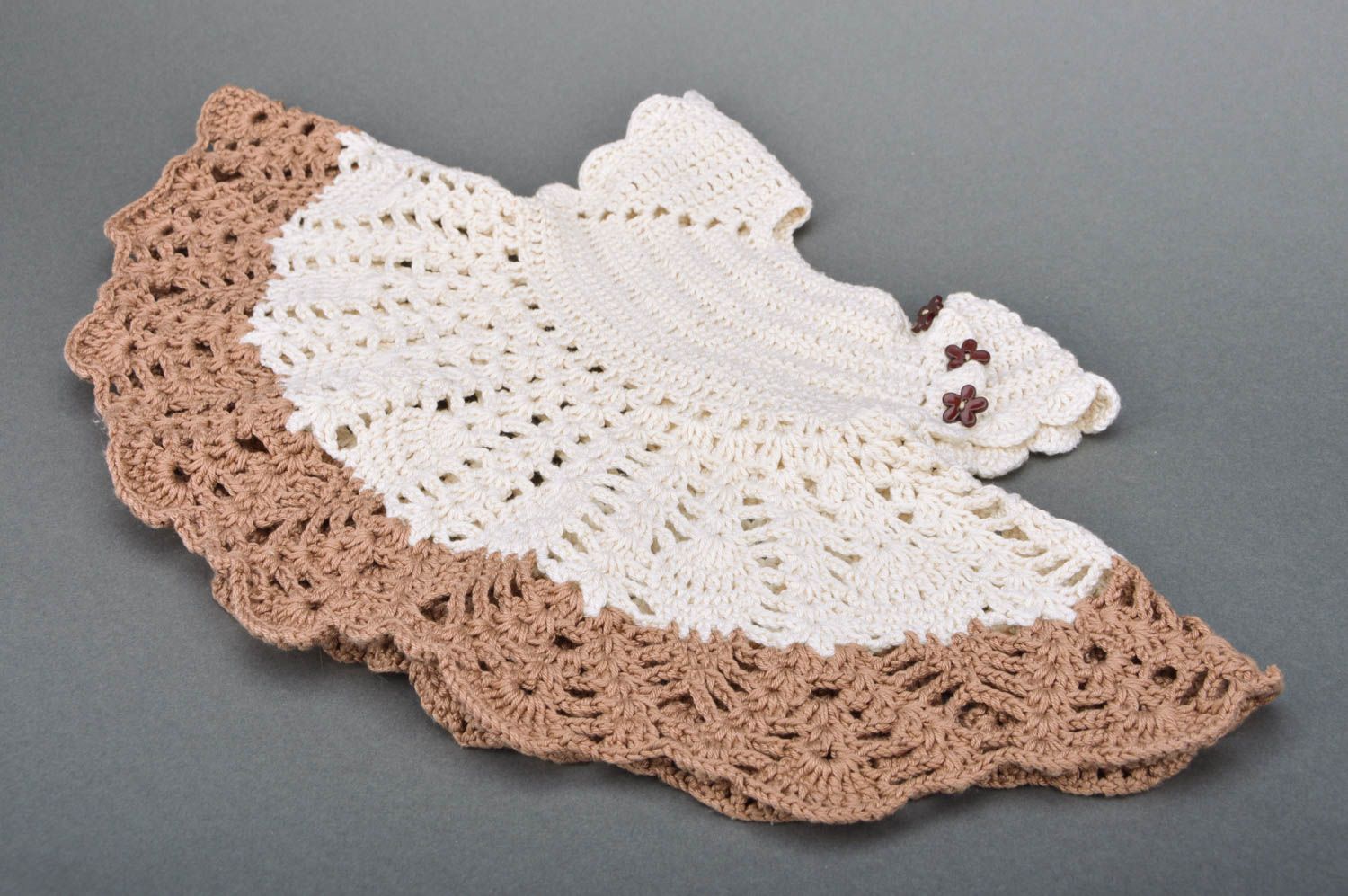 Handmade baby girl lace dress crocheted of acrylic threads beige and brown photo 3