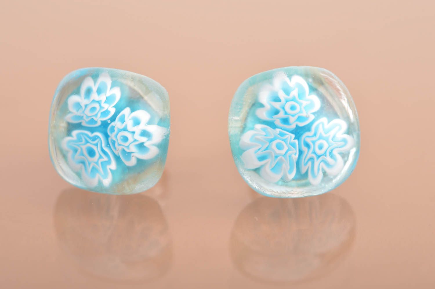 Handmade small stud millefiory glass earrings transparent with blue flowers photo 2