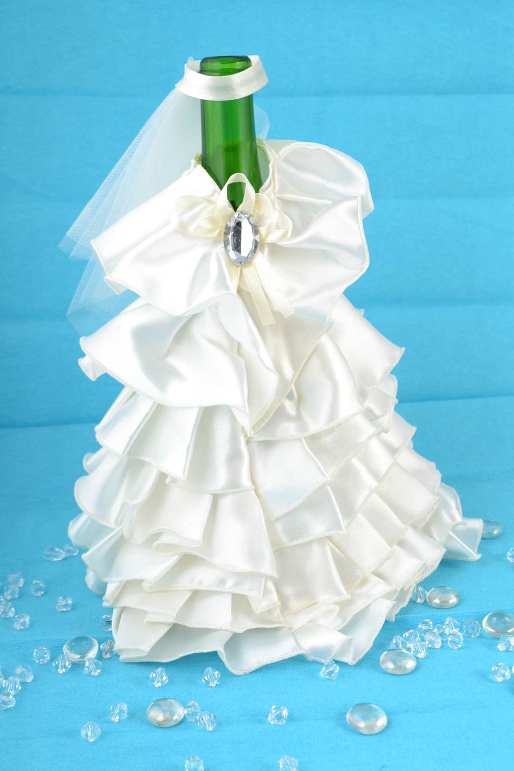 Beautiful festive handmade designer wedding bottle cozy sewn of satin and tulle photo 1