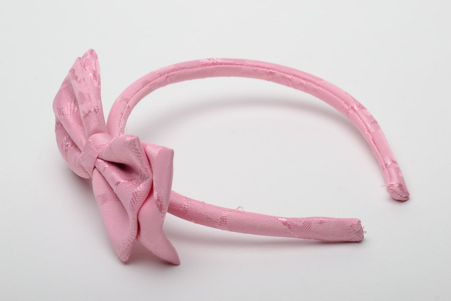 Handmade cute pink silk headband on plastic basis with coquettish bow for girls photo 3
