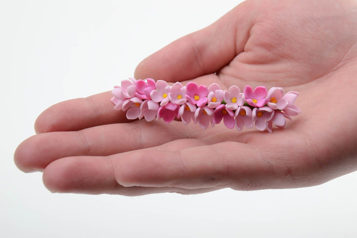Handmade decorative hair clip with tender pink cold porcelain flowers for girls photo 2