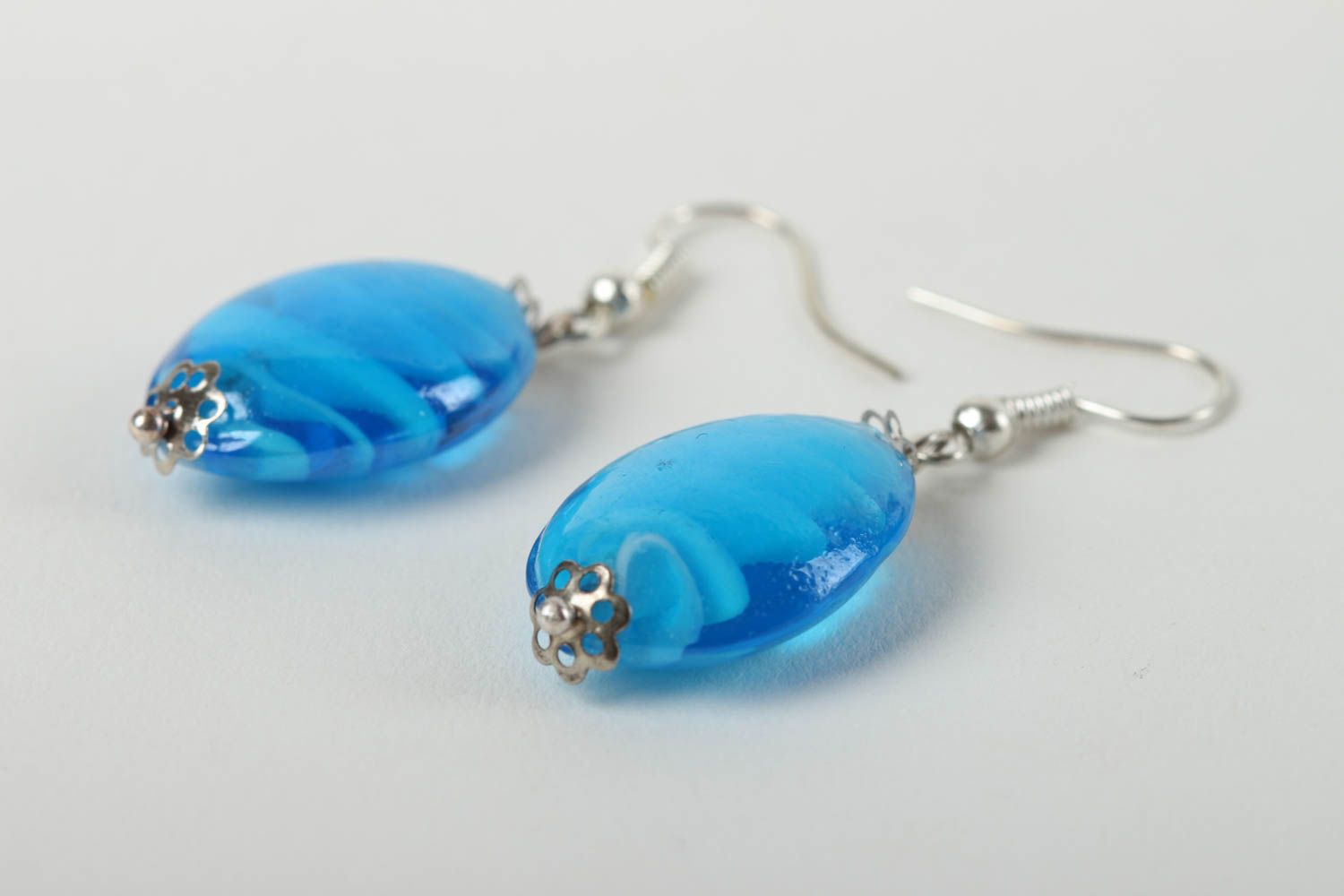 Boucles d'oreilles en verre Bijou fait main bleues ovales Idée cadeau femme photo 3