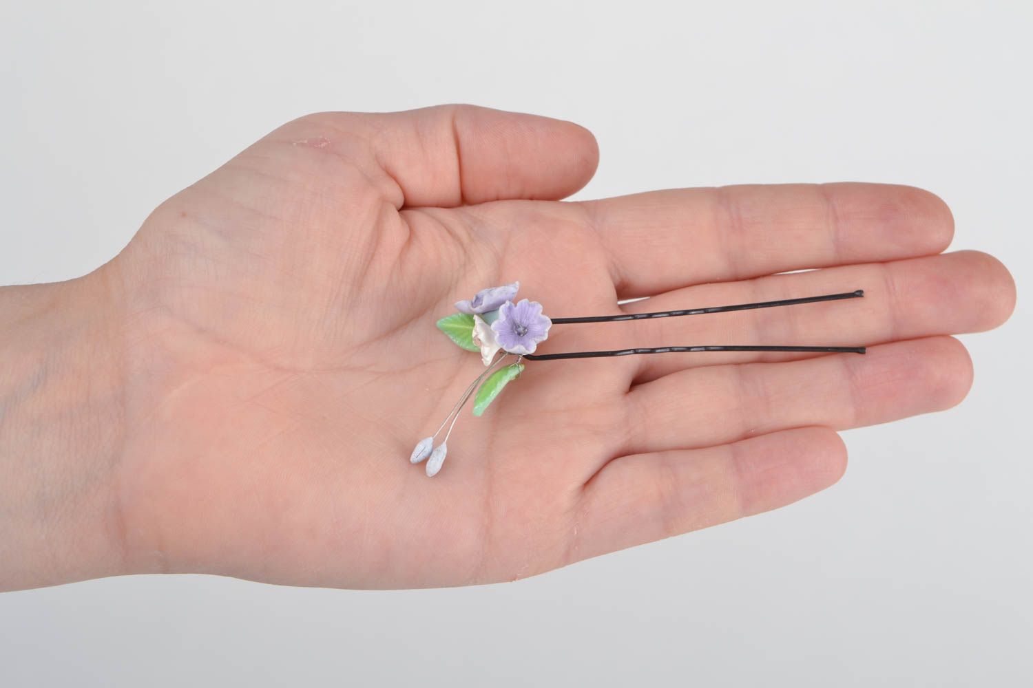 Handmade small metal hair pin decorated with tender violet polymer clay flowers photo 2