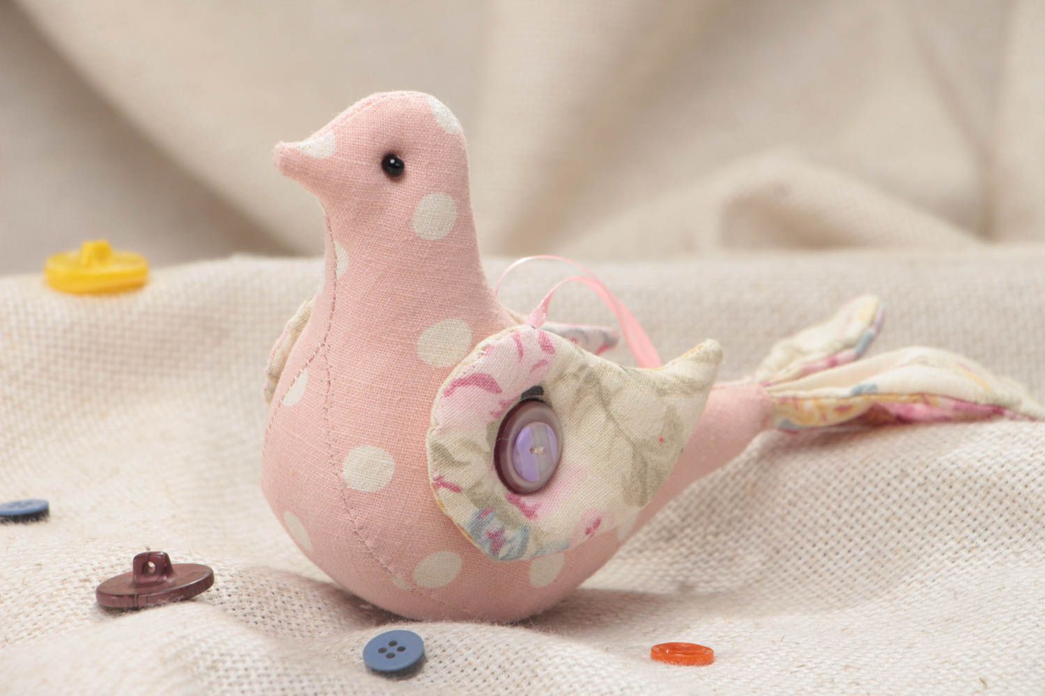 Handmade small fabric toy with eyelet tender pink bird for interior decoration photo 1