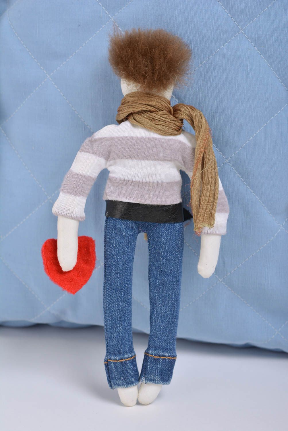 Handmade designer fabric soft toy boy in jeans and striped sweater with heart photo 3
