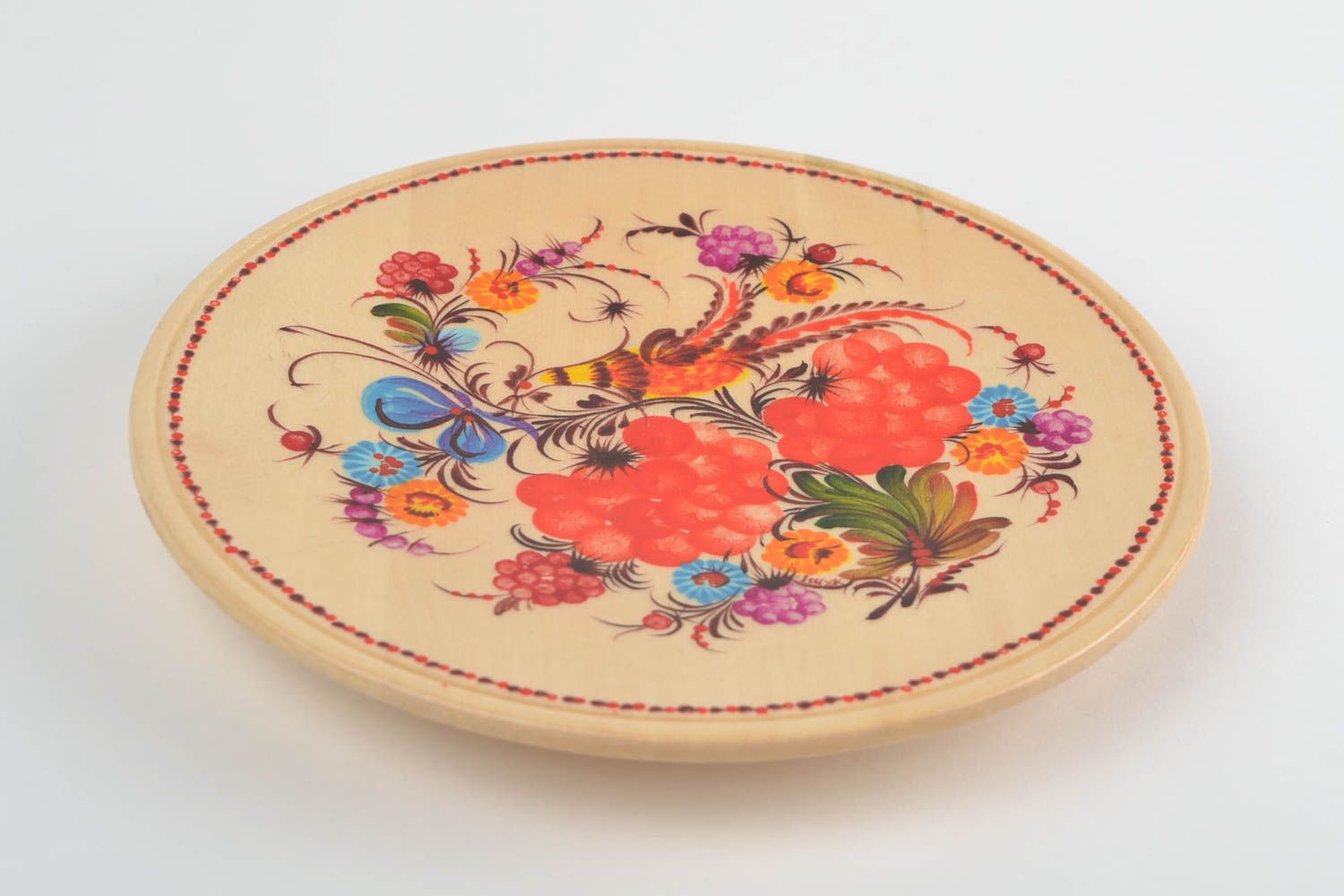 Настенная деревянная тарелка с Петриковской росписью ручной работы круглая фото 6