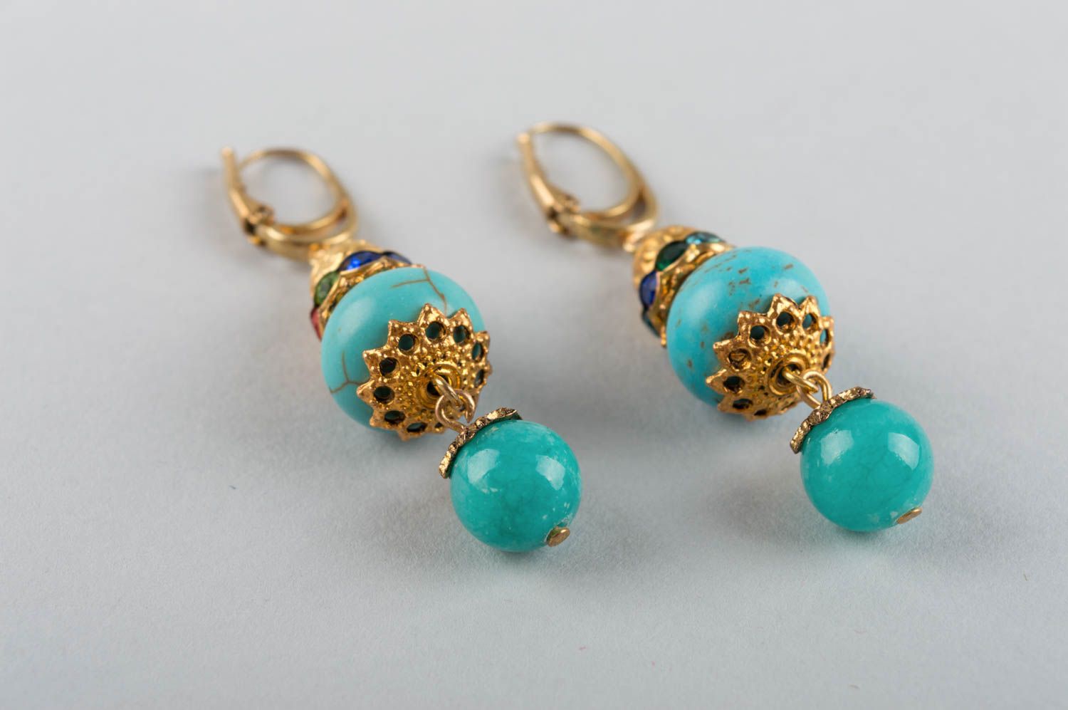 Designer long elegant blue handmade earrings made of turquoise and brass photo 3