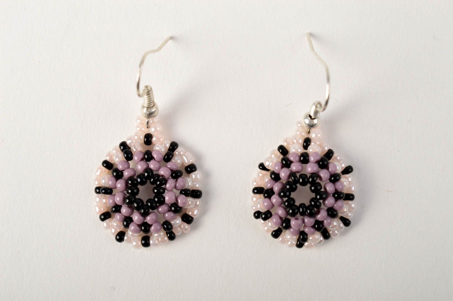 Handmade round earrings unusual beaded earrings lilac designer accessory photo 3
