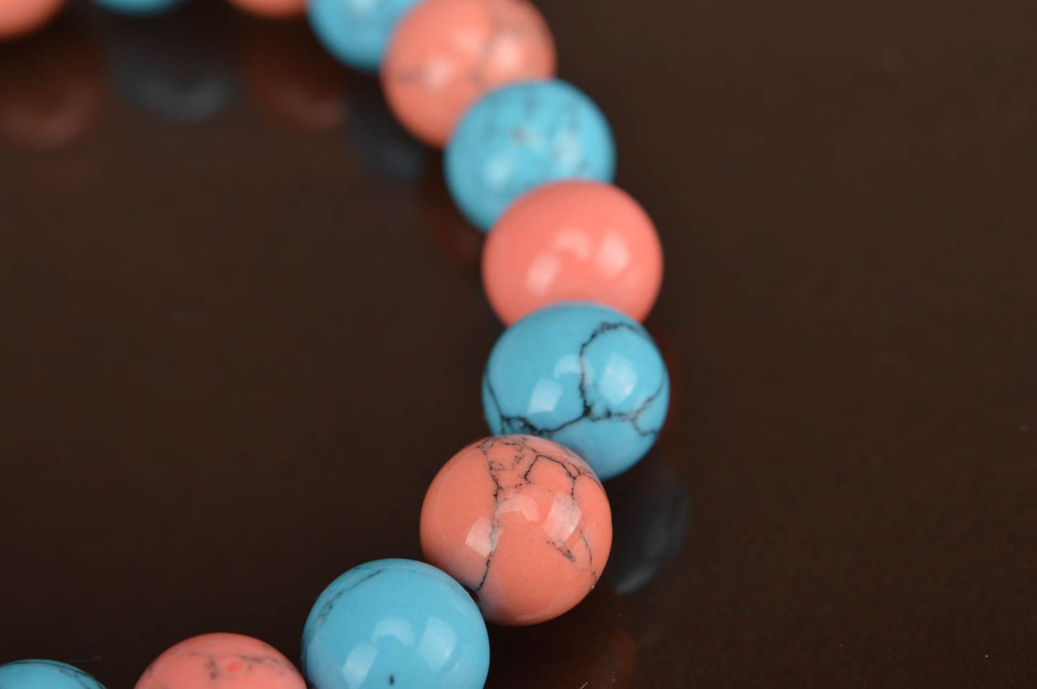 Handmade pink and blue accessory simple bracelet made of beads on elastic band photo 4
