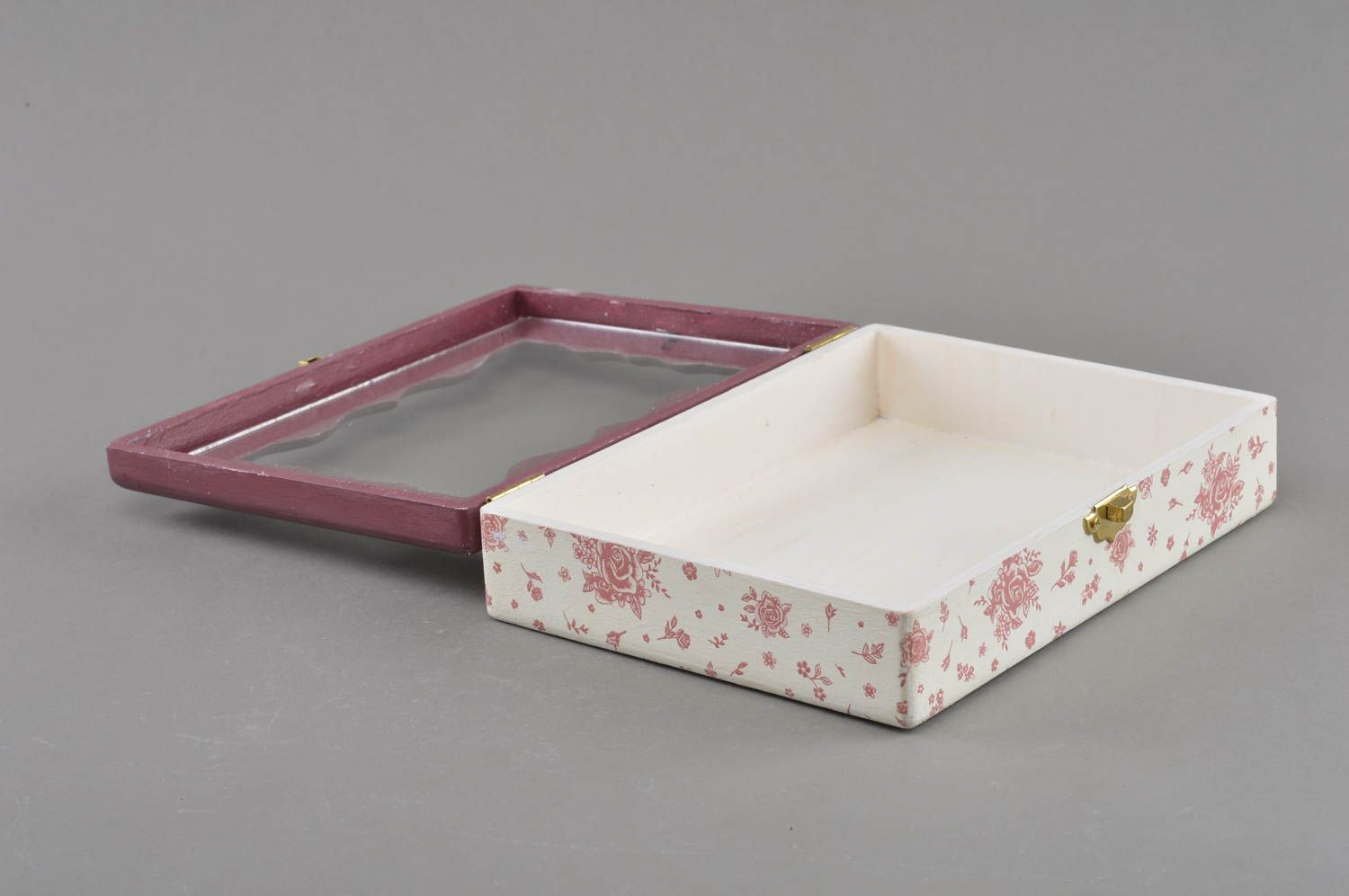 Boîte décorative en bois et verre faite main technique de serviettage blanc rose photo 3