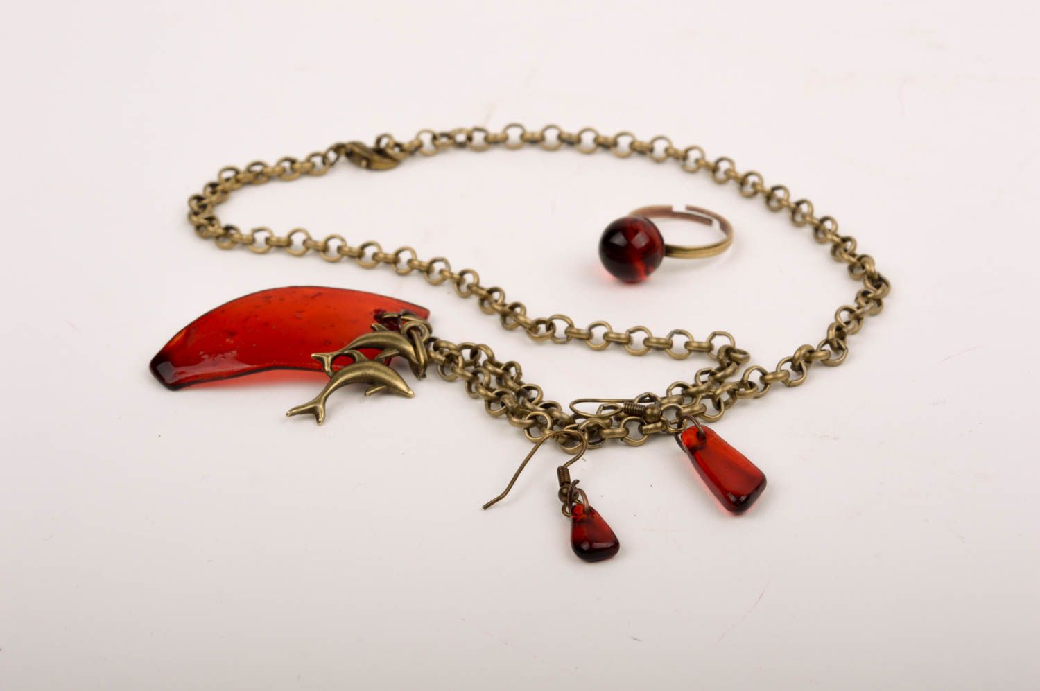 Stylish handmade glass pendant beaded earrings glass ring beaded jewelry set photo 1