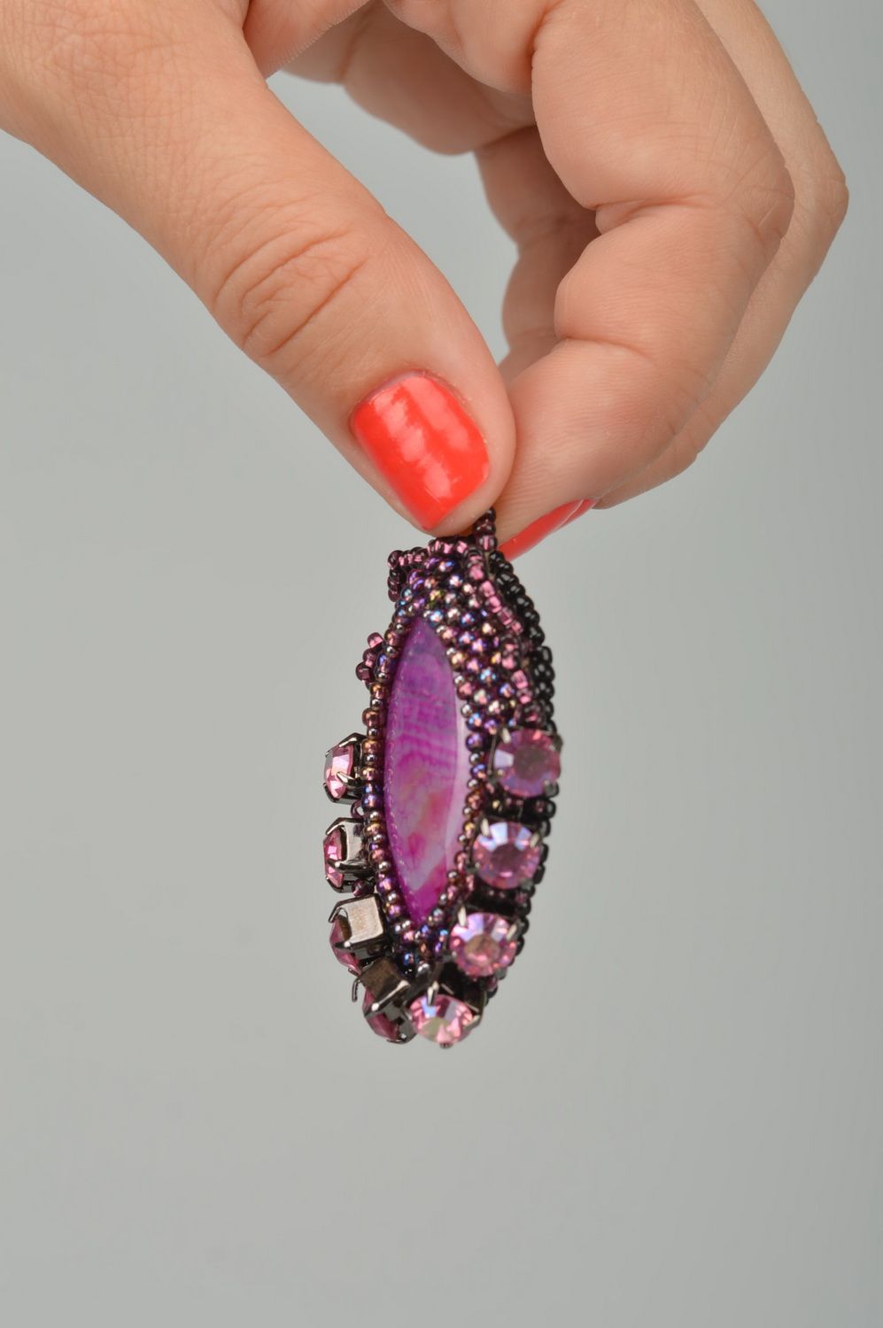 Pendentif agate perles de rocaille Bijou fait main ovale violet Cadeau femme photo 3