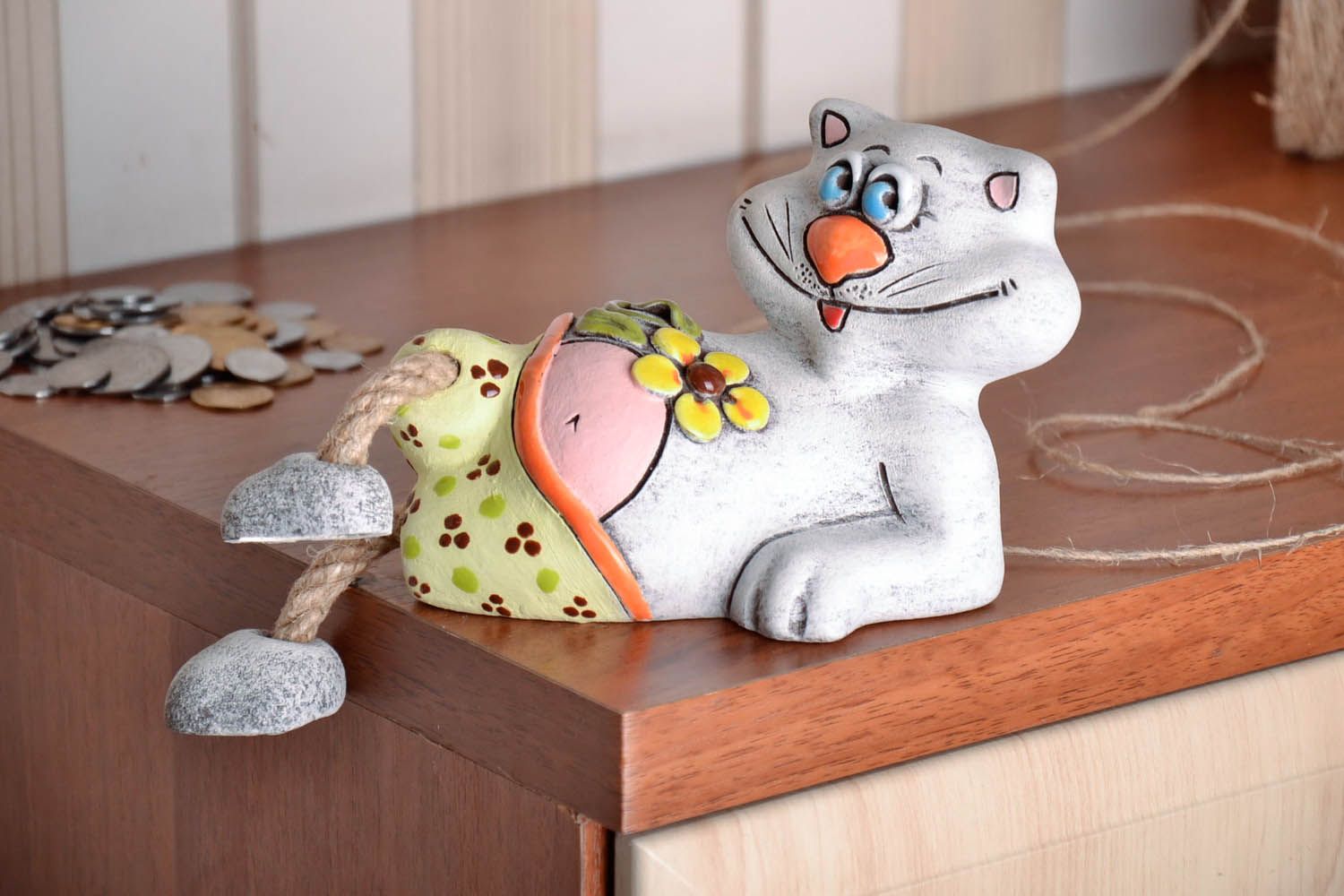 Salvadanaio fatto a mano di argilla gatto in ceramica regalo originale  foto 2