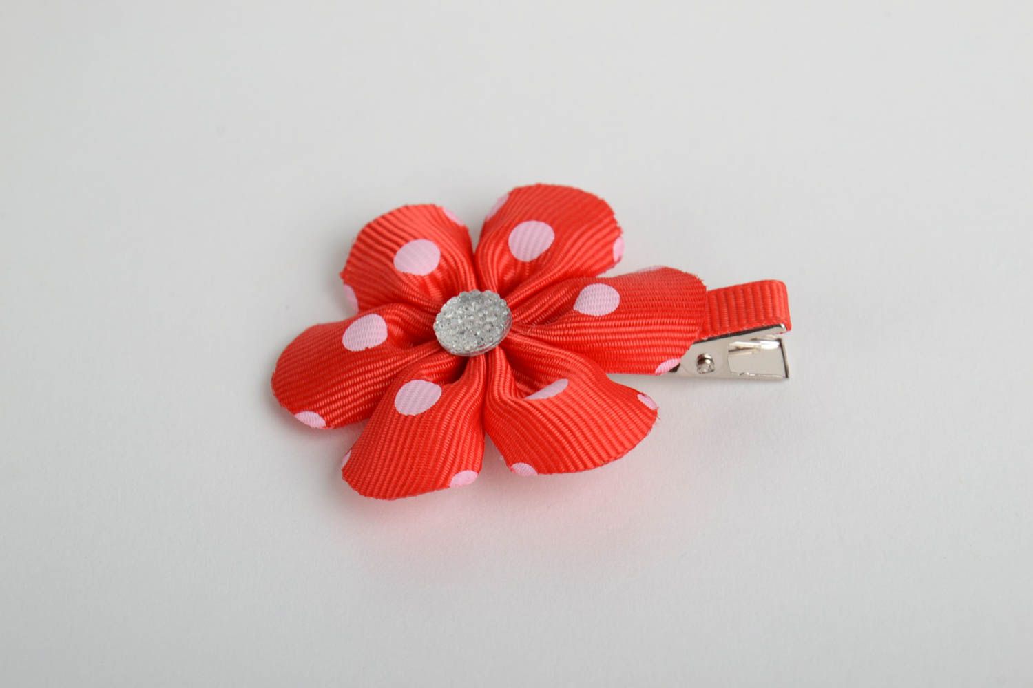 Designer homemade decorative hair clip with satin ribbon red kanzashi flower  photo 4