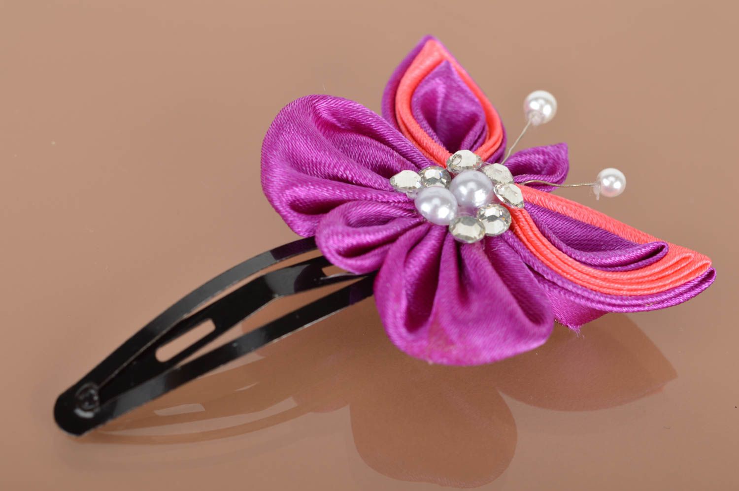 Handmade designer satin ribbon kanzashi hair clip bright pink butterfly photo 2