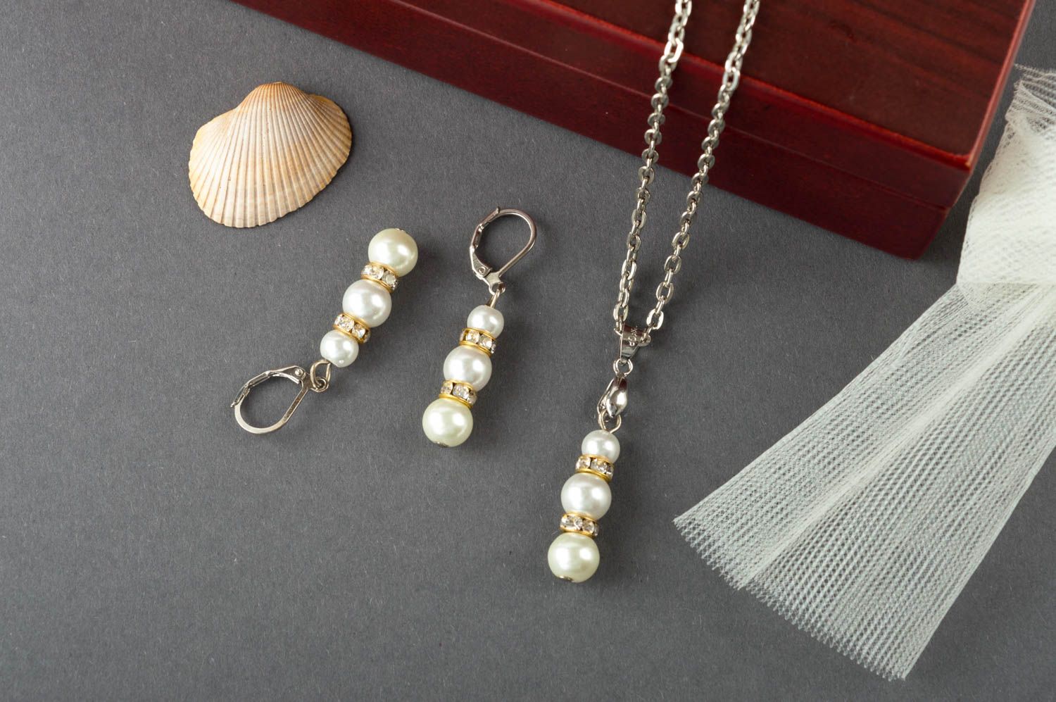 Handmade set of jewelry earrings and pendant artificial pearls accessories photo 1