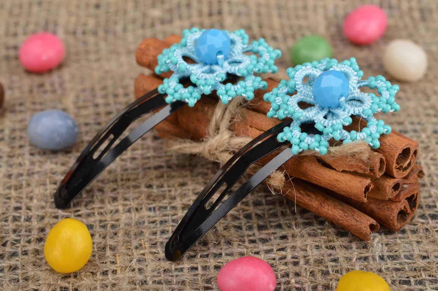 Handmade Textil Glasperlen Haarspangen in Blau 2 Stück Occhi Technik schön foto 1