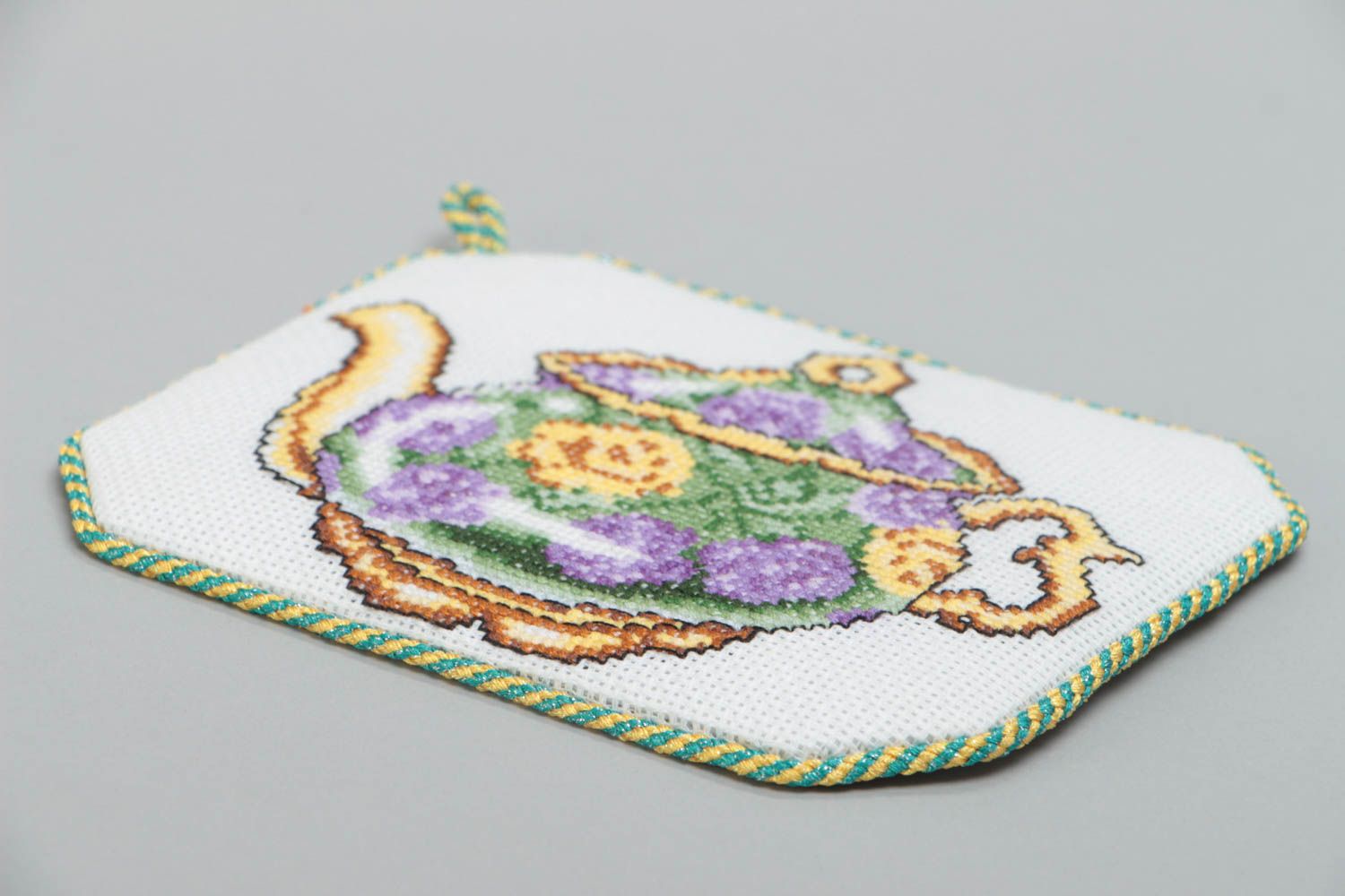 Posavasos artesanal de tela con bordado con tetera apoyavasos original foto 4