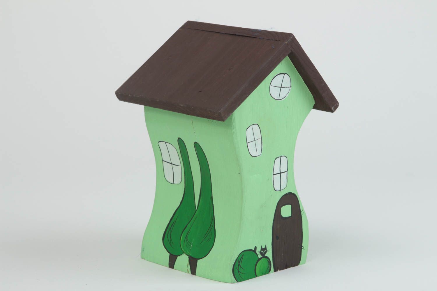 Фигурка из дерева домик зеленый с коричневой крышей небольшой ручной работы фото 2