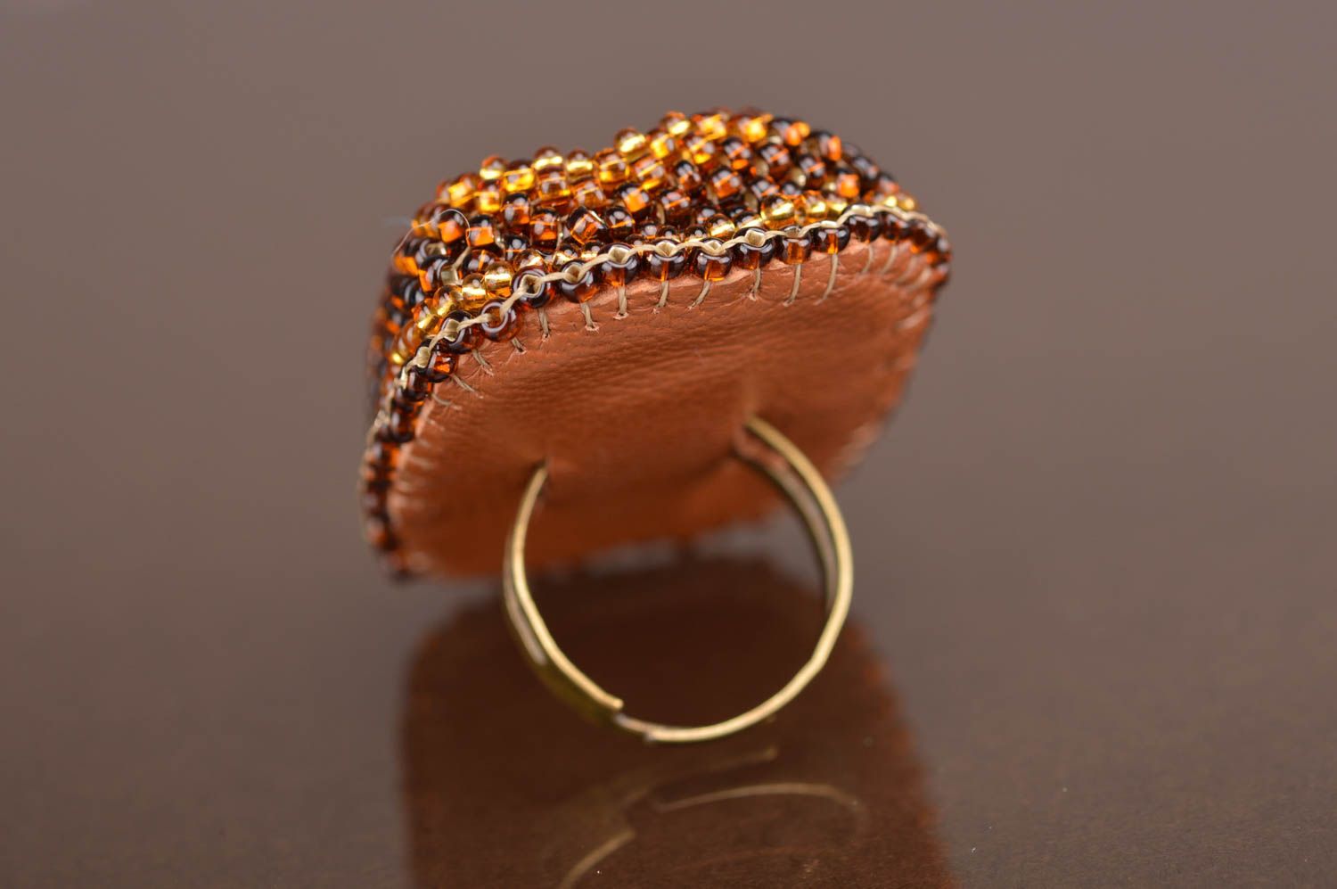 Handmade stylish unusual ring embroidered with beads with natural stone photo 3