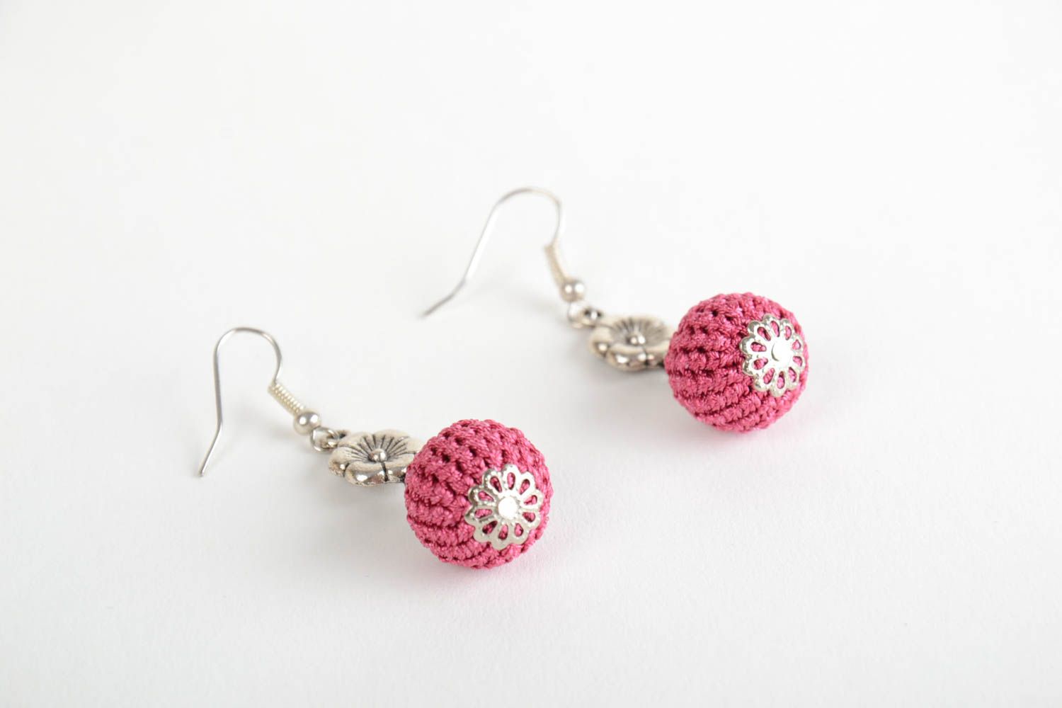 Beautiful homemade crochet ball earrings of crimson color designer jewelry photo 4
