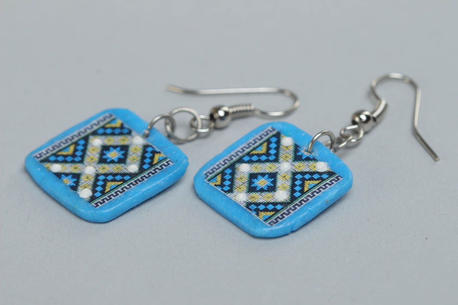 Handmade blue square polymer clay dangling earrings with ethnic ornament photo 3