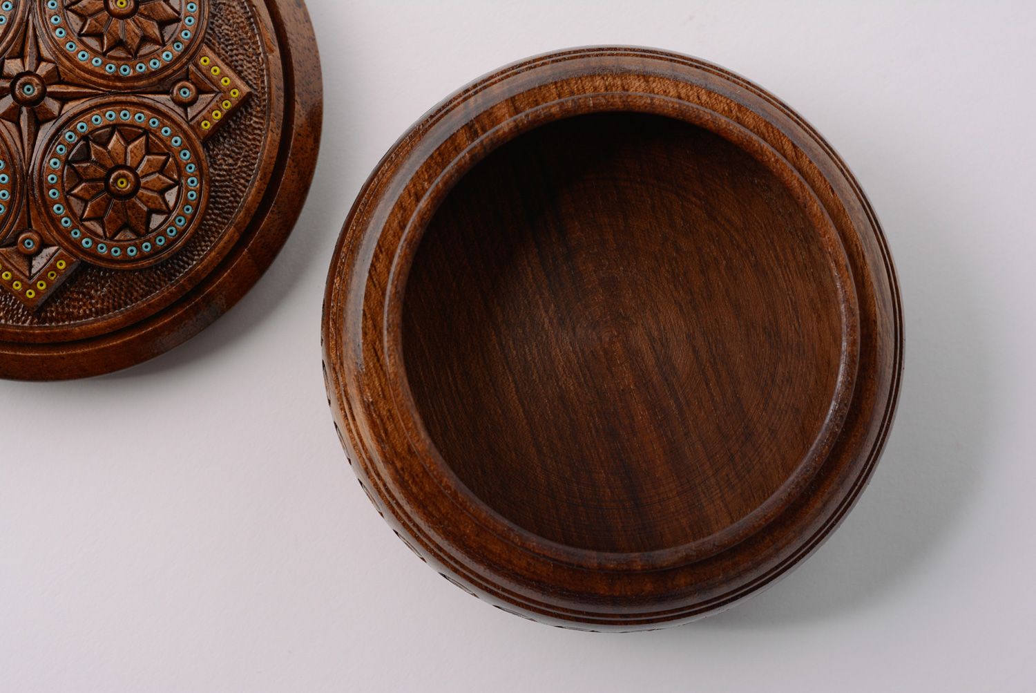 Handmade round wooden jewelry box on legs with art carving and bead inlay photo 4